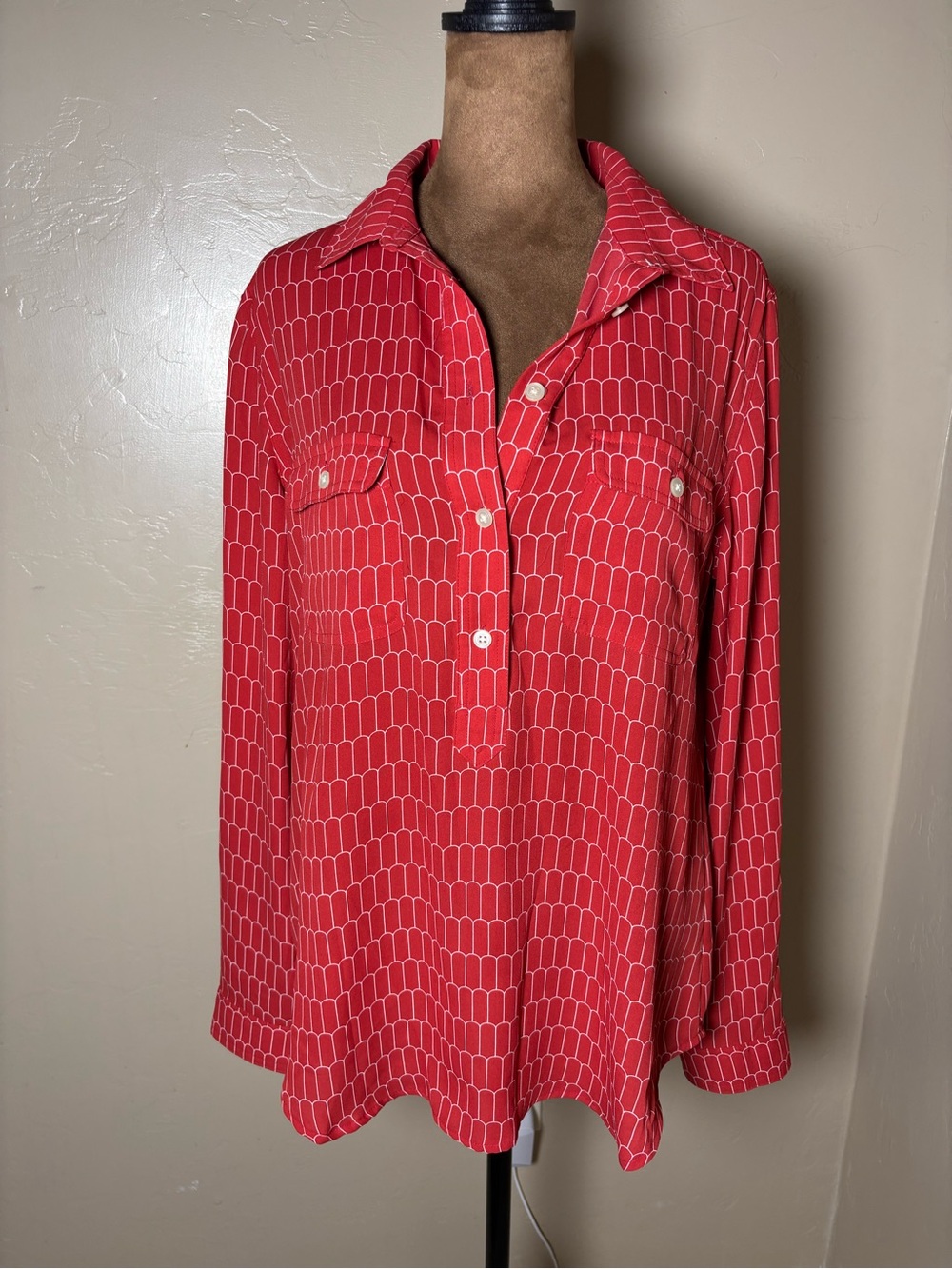 LOFT Red Geometric-Print Button Down Blouse